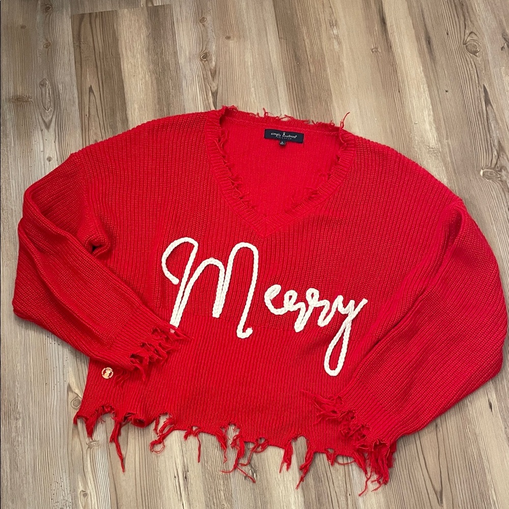 Simply Southern Red Merry V-Neck Sweater Large